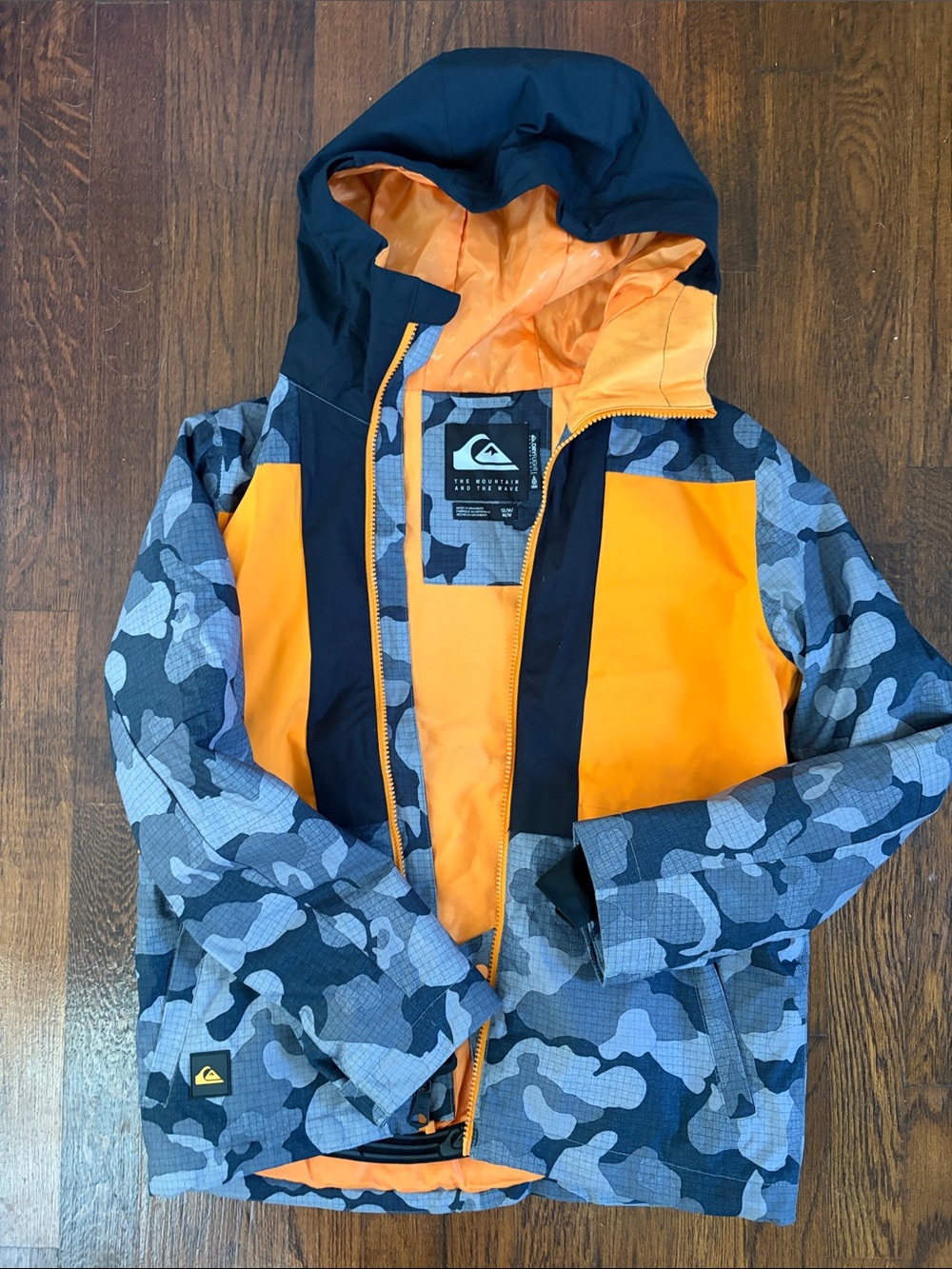 Quiksilver Kids' Orange & Gray Camouflage Hooded Puffer Jacket sz 12